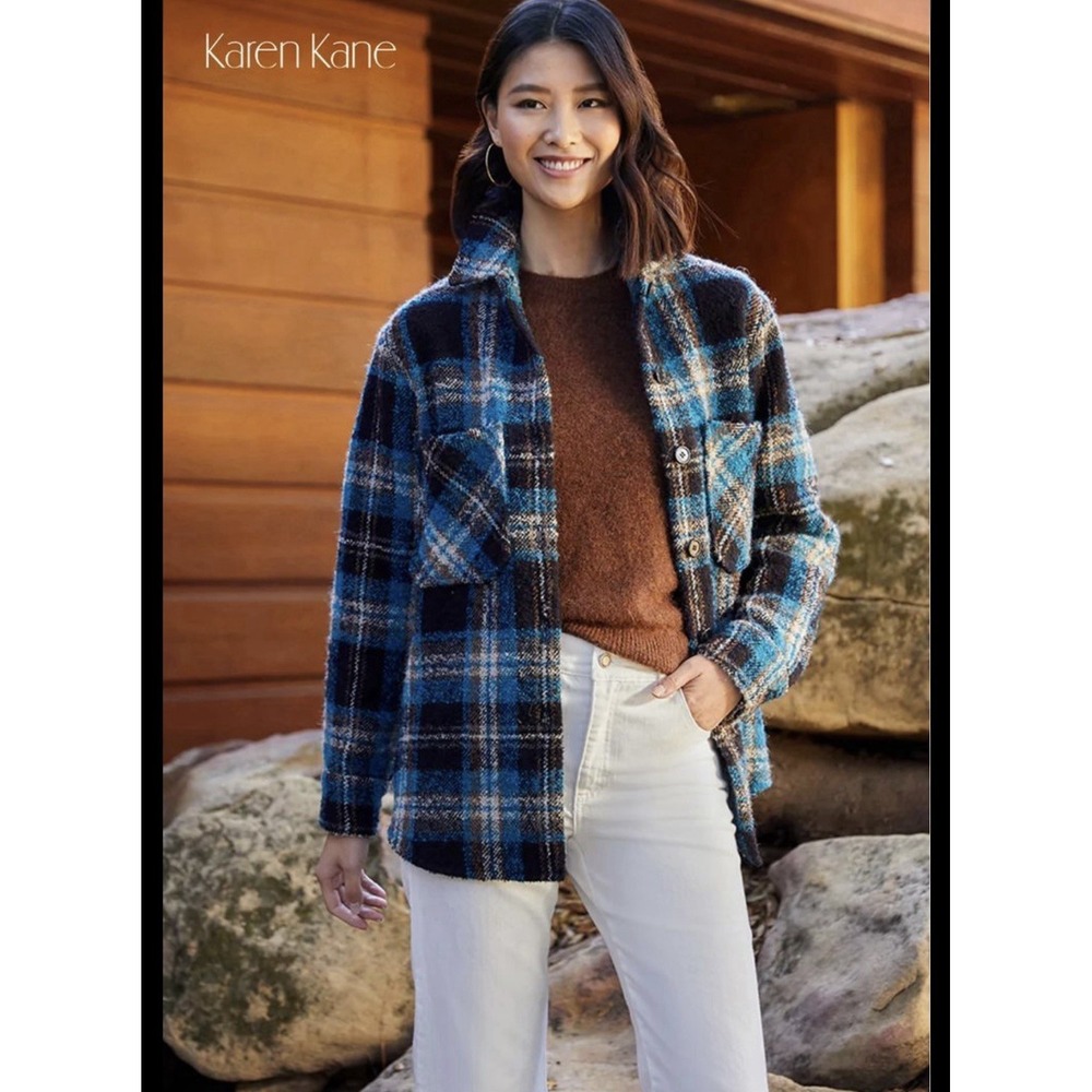Karen Kane Plus Plaid Boucle Shirt Jacket Women's XS Blue Multi Wool Button